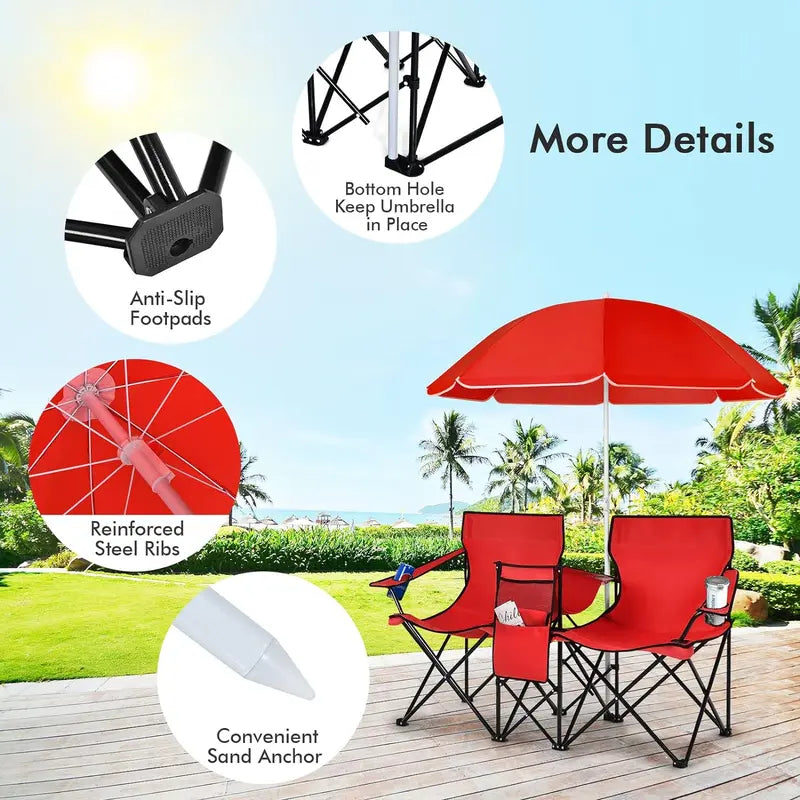 Double Portable Picnic Chairs with Umbrella, Cooler Bag & Cup Holders