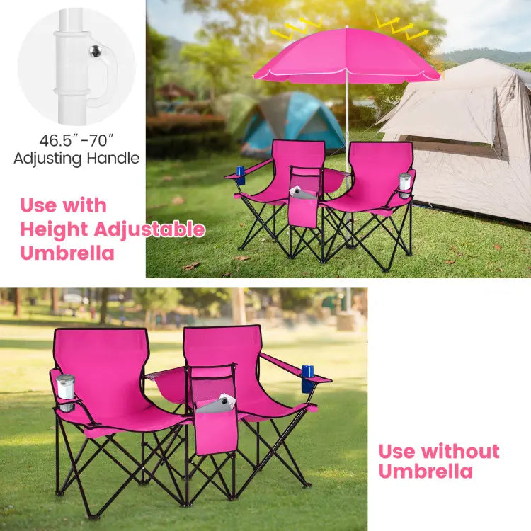 Double Portable Picnic Chairs with Umbrella, Cooler Bag & Cup Holders