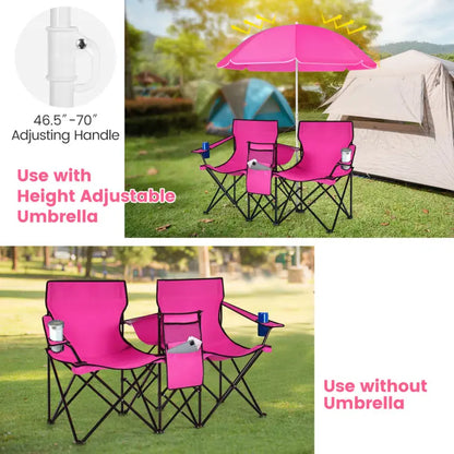 Double Portable Picnic Chairs with Umbrella, Cooler Bag & Cup Holders