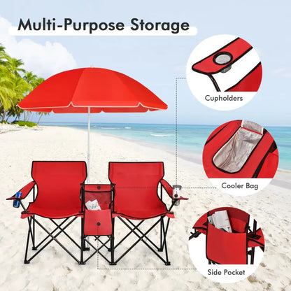 Double Portable Picnic Chairs with Umbrella, Cooler Bag & Cup Holders