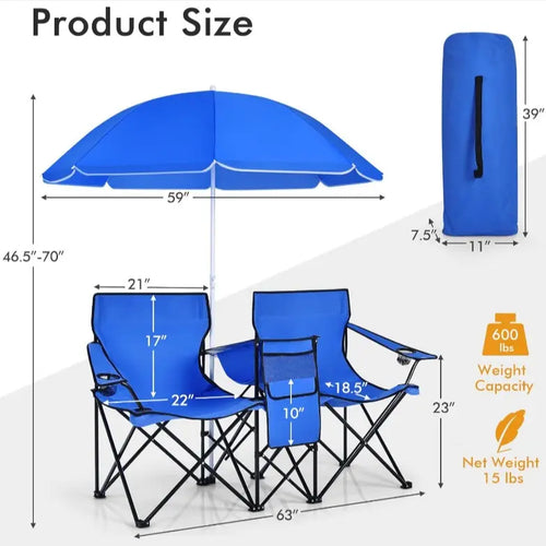 Double Portable Picnic Chairs with Umbrella, Cooler Bag & Cup Holders