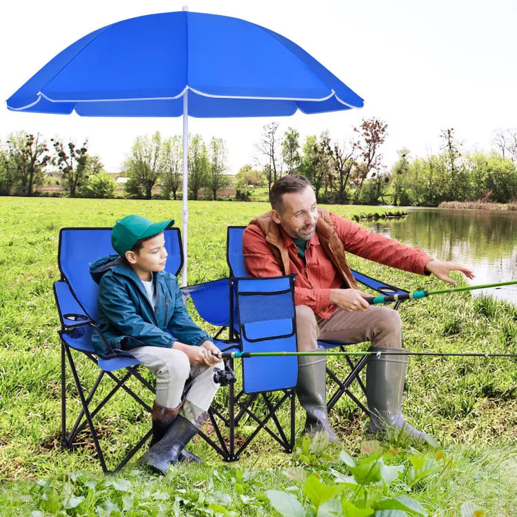 Double Portable Picnic Chairs with Umbrella, Cooler Bag & Cup Holders
