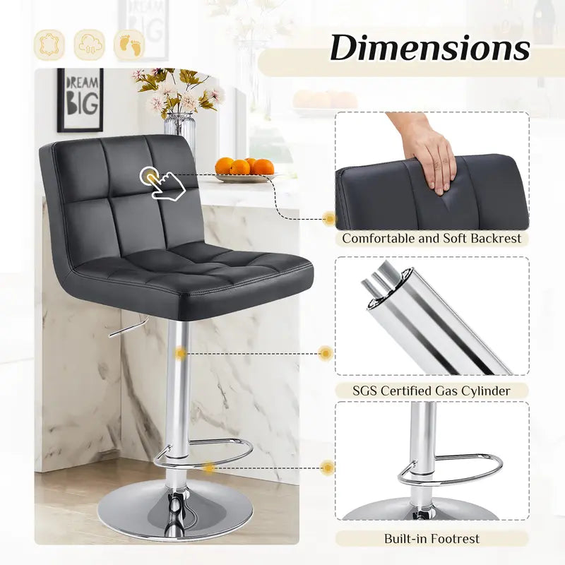 Adjustable PU Leather Swivel Bar Stools with Backrest (Set of 2)