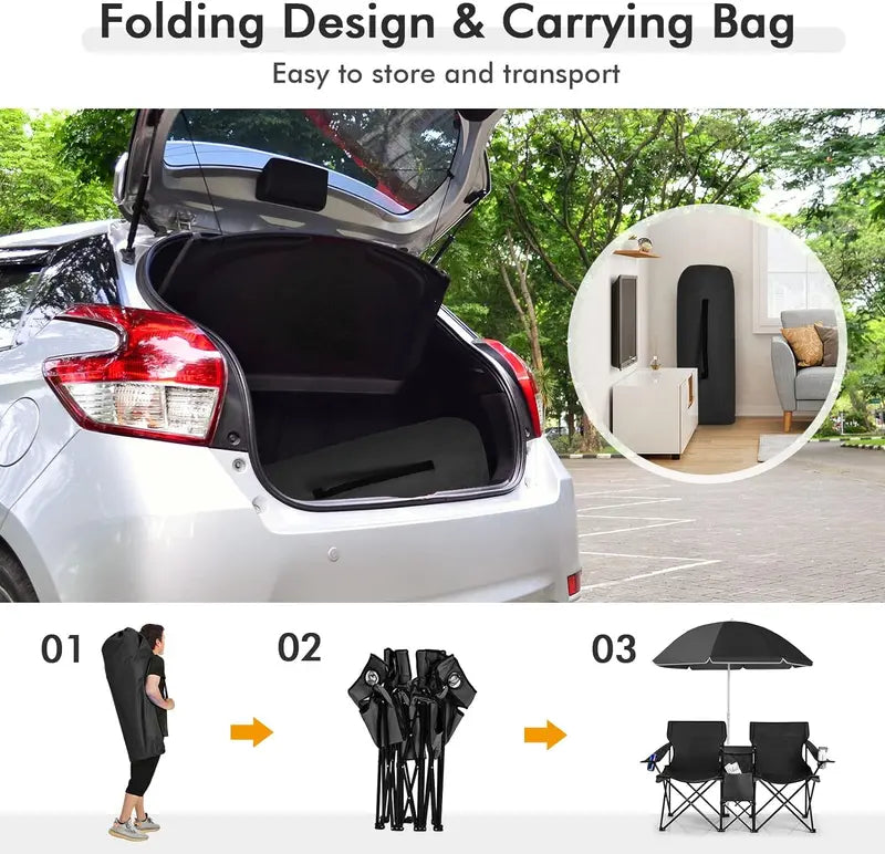 Double Portable Picnic Chairs with Umbrella, Cooler Bag & Cup Holders