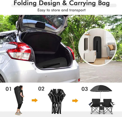 Double Portable Picnic Chairs with Umbrella, Cooler Bag & Cup Holders