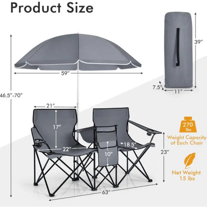 Double Portable Picnic Chairs with Umbrella, Cooler Bag & Cup Holders