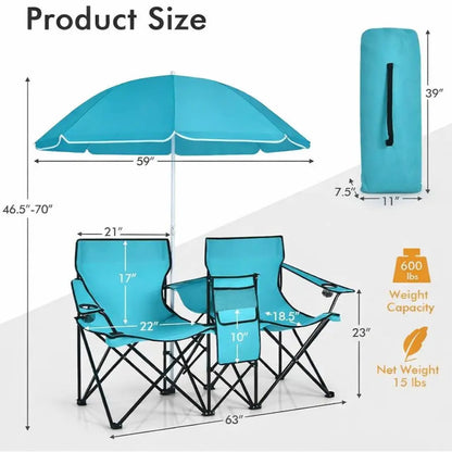 Double Portable Picnic Chairs with Umbrella, Cooler Bag & Cup Holders