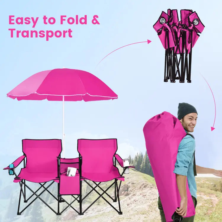Double Portable Picnic Chairs with Umbrella, Cooler Bag & Cup Holders