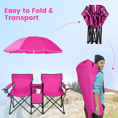 Double Portable Picnic Chairs with Umbrella, Cooler Bag & Cup Holders