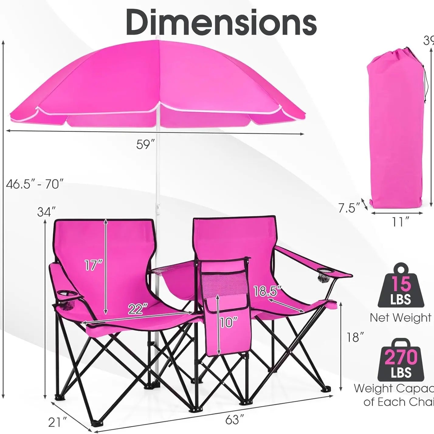Double Portable Picnic Chairs with Umbrella, Cooler Bag & Cup Holders