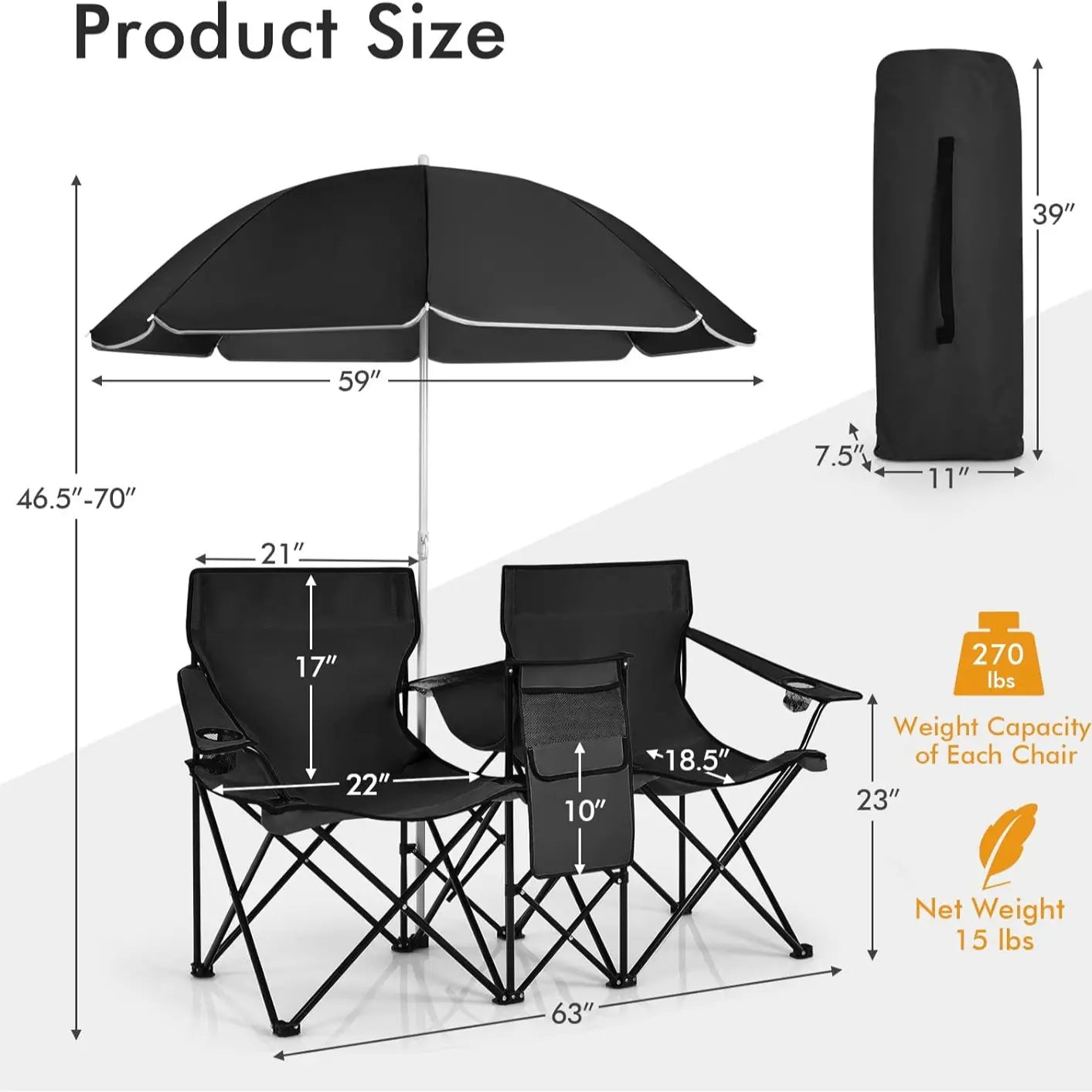 Double Portable Picnic Chairs with Umbrella, Cooler Bag & Cup Holders