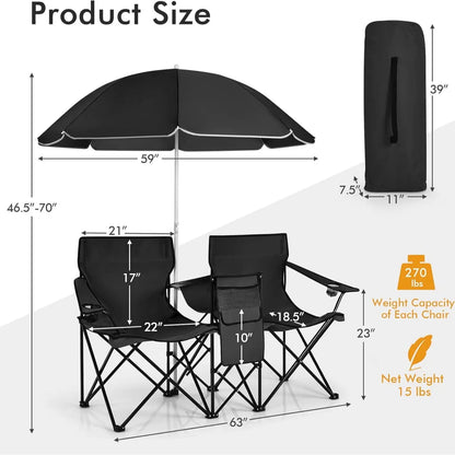 Double Portable Picnic Chairs with Umbrella, Cooler Bag & Cup Holders