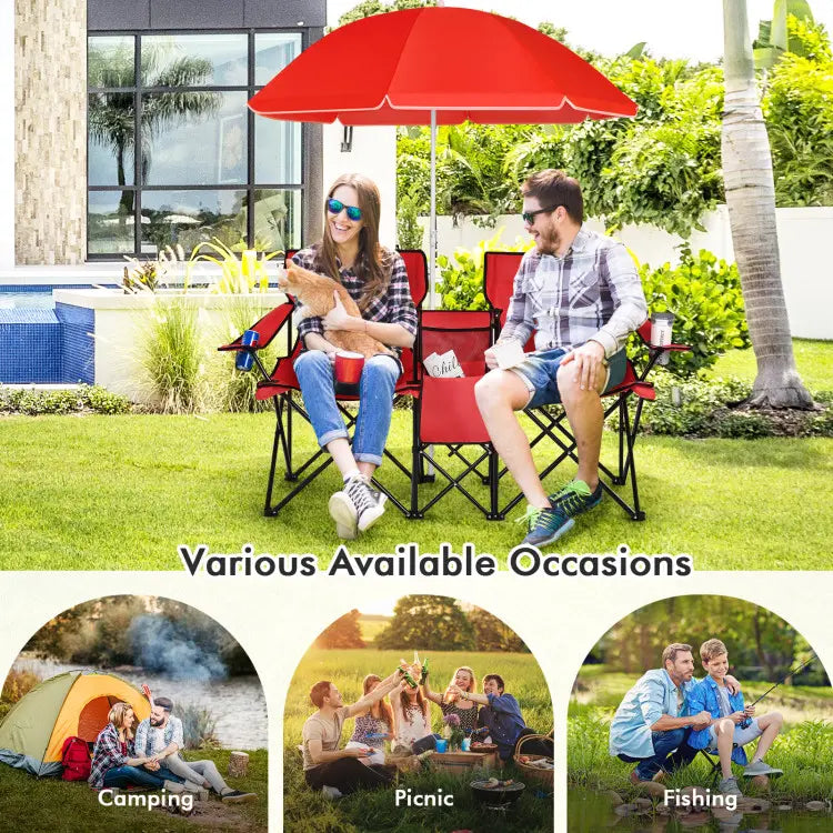 Double Portable Picnic Chairs with Umbrella, Cooler Bag & Cup Holders