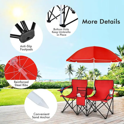 Double Portable Picnic Chairs with Umbrella, Cooler Bag & Cup Holders