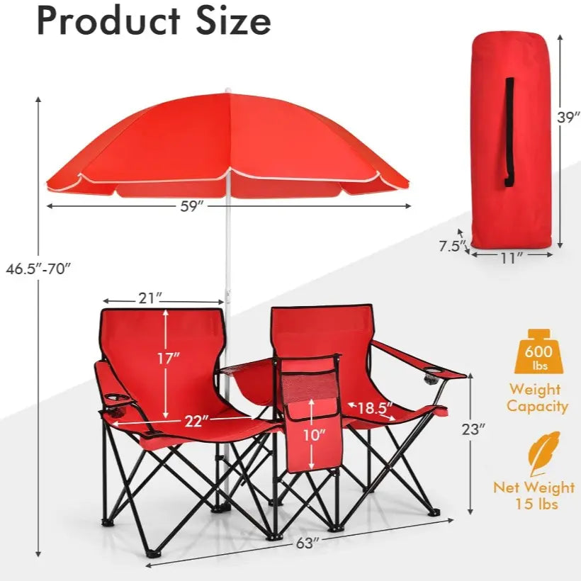 Double Portable Picnic Chairs with Umbrella, Cooler Bag & Cup Holders