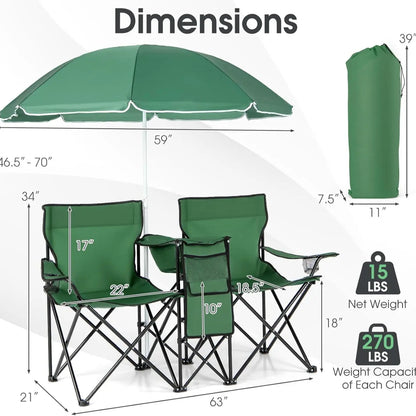 Double Portable Picnic Chairs with Umbrella, Cooler Bag & Cup Holders